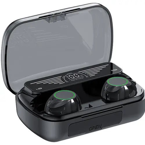 Wireless earbuds in black color placed inside an open charging case. BQ10 Wireless Earbuds