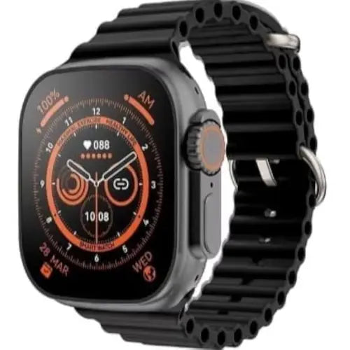BW8 Ultra digital smart watch with a black band and case, featuring a display showing time, heart rate, and other smart notifications.