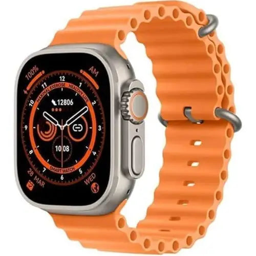 BW8 Ultra digital smart watch with a orange band and case, featuring a display showing time, heart rate, and other smart notifications.