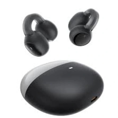 A pair of Baseus AirGo 1 Ring Open-Ear TWS Earbuds in black color, along with their charging case.