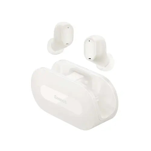 A pair of white Baseus Bowie EZ10 true wireless earphones with a charging case.