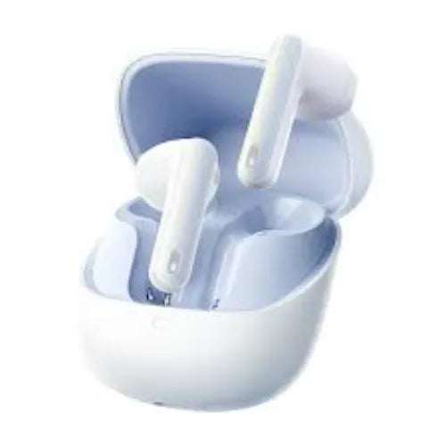 White Baseus Bowie M3 True Wireless Earphones earbuds in an open charging case on a white background