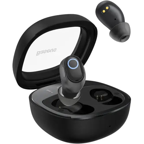 A pair of Baseus Bowie WM02 Plus True Wireless Earphones in black color, with a charging case open to reveal the earphones inside.