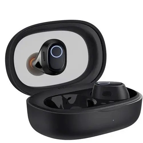 A pair of Baseus Bowie WM03 true wireless earphones in black color, displayed in an open charging case.