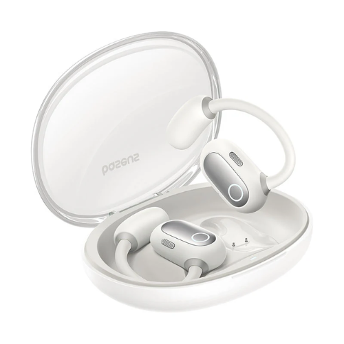 A pair of Baseus Eli Sport 1 Open-Ear TWS Earbuds in white color, placed inside their charging case.