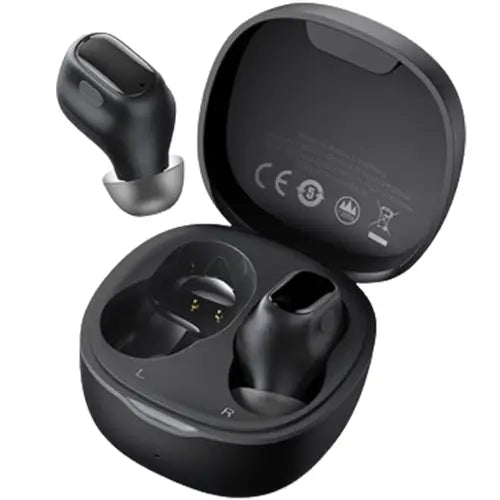 A pair of black Baseus Encok True Wireless Earphones (WM01) in their charging case.
