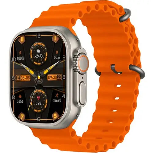 CX8 Ultra digital smart watch with a silver metal case and a orange silicone strap, displaying a colorful digital face.