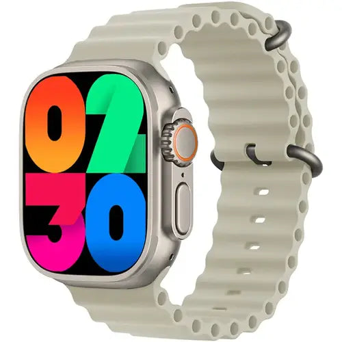 CX8 Ultra digital smart watch with a silver metal case and a beige silicone strap, displaying a colorful digital face.