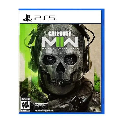 A game 'Call of Duty: Modern Warfare II – PS5' featuring a digital image of a character with a skull face mask and tactical gear.