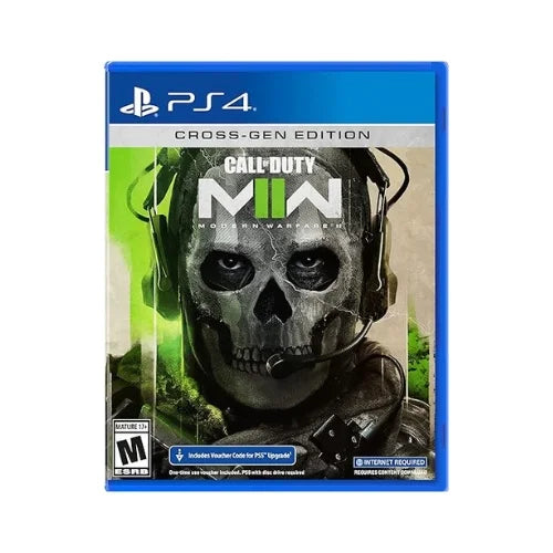 A game case 'Call of Duty: Modern Warfare II PS4' featuring a digital image of a character's skull face with a tactical mask, predominantly green with a 'Cross-Gen Edition' label.