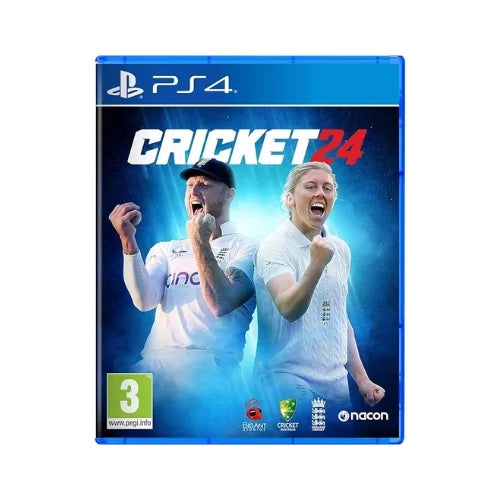 A game case 'Cricket 24 PS4' featuring two cricket players in white uniforms against a blue background with a '3' rating symbol indicating suitable for ages 3 and up.