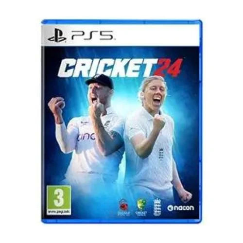 A game case for 'Cricket 24 PS5' featuring two cricket players in celebration on the front.
