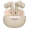 A pair of beige earbuds named 'FASTER CRUISE PRO' inside a black charging case.