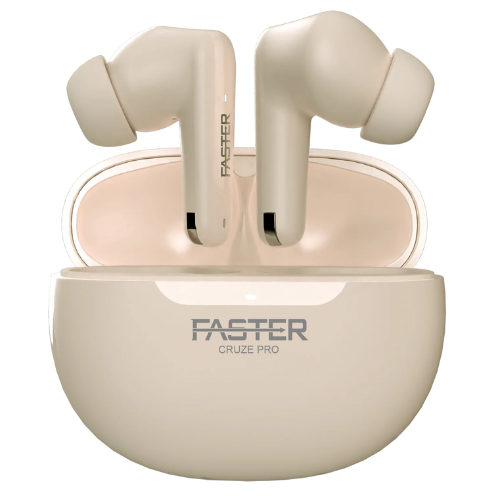 A pair of beige earbuds named 'FASTER CRUISE PRO' inside a black charging case.