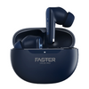 A pair of blue earbuds named 'FASTER CRUISE PRO' inside a black charging case.