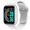 D20 Ultra silver smartwatch with a white band and a digital display showing fitness metrics.