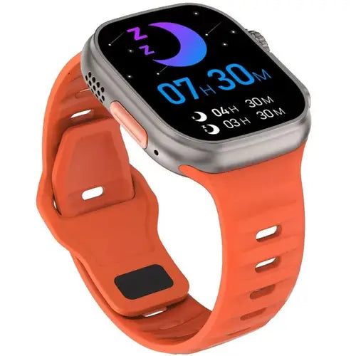 DT8 Ultra digital smartwatch with a orange band and case, featuring a colorful display.