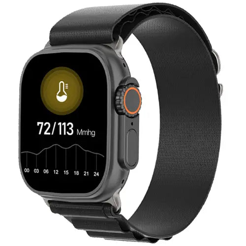 An black band smart watch with a silver metal case and a digital display showing the time and a photo on the screen.
