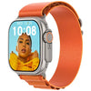 An orange band smart watch with a silver metal case and a digital display showing the time and a photo on the screen.