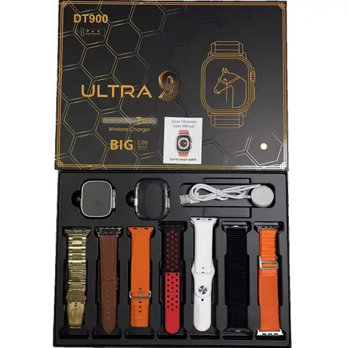 DT900 Ultra 9 Smart Watch packaging displaying the watch with various straps and accessories such as a charging cable and watch band tools.
