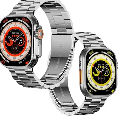 DT900 Ultra 9 Smart Watch packaging displaying the watch with various straps and accessories such as a charging cable and watch band tools.