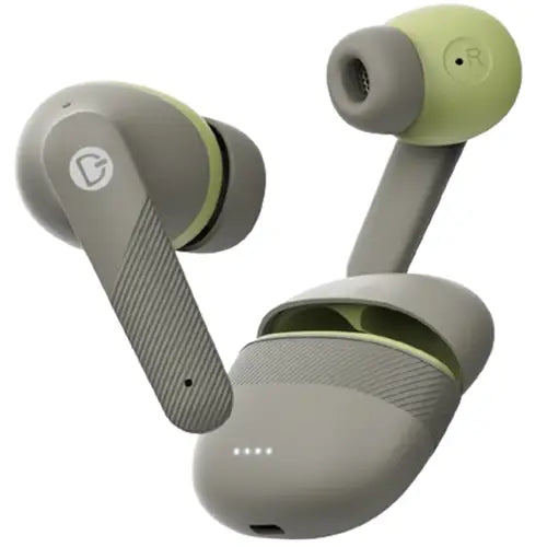 A pair of gray Airdots 200 Curve Pro earphones with gray ear tips.
