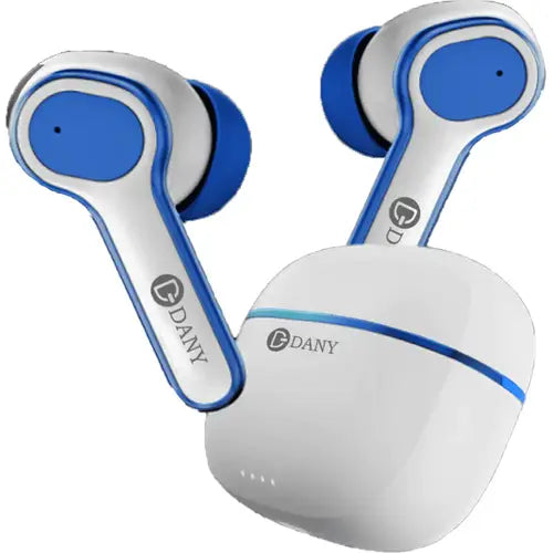 A pair of white Dany Airdots 220 Pro Plus earphones, alongside a white charging case.