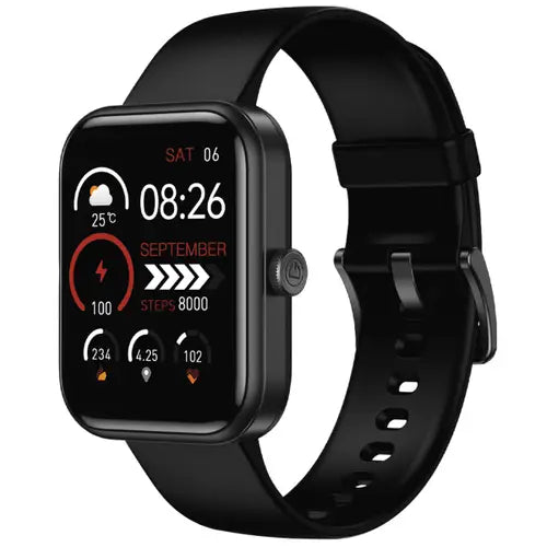 Dany Alpha Fit A digital smart watch with a jet black band and black-colored case. The watch has a display showing time, date, and fitness metrics.