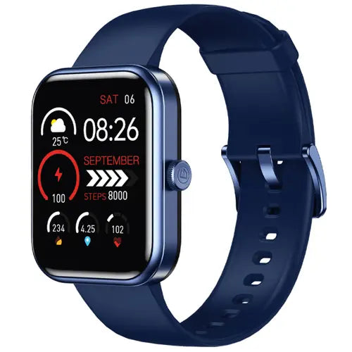 A Dany Alpha Fit Smart Watch with a midnight blue band and blue-colored case. The watch has a display showing time, date, and fitness metrics.