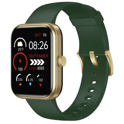 A Dany Alpha Fit Smart Watch with a Jade Green band and gold-colored case. The watch has a display showing time, date, and fitness metrics.