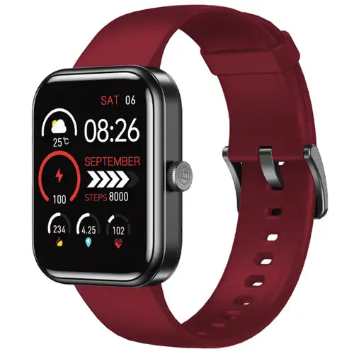 Dany Alpha Fit A digital smart watch with a Red Berry band black-colored case. The watch has a display showing time, date, and fitness metrics.