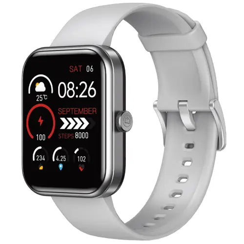 Dany Alpha Fit A digital smart watch with a white band and silver-colored case. The watch has a display showing time, date, and fitness metrics.
