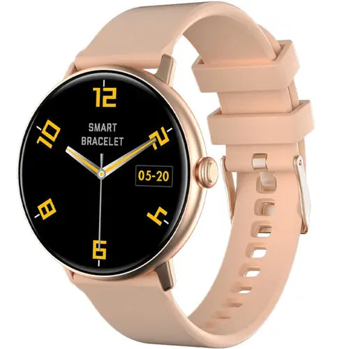 Dany Classic Pro A gold-colored smartwatch with a black dial and a beige strap.