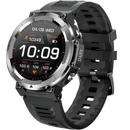 Dany D-Force Smartwatch with black strap and digital display on a white background