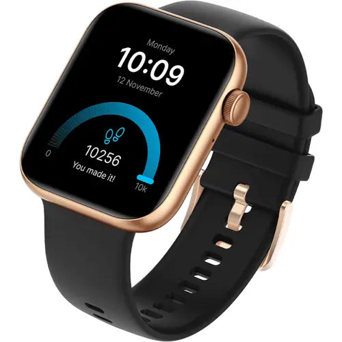 Dany Loop Pro Smart Watch silver smartwatch with a black gold band and a digital display showing time, date, and various smart watch notifications.