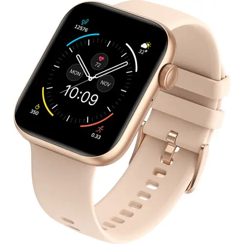 Dany Loop Pro Smart Watch silver smartwatch with a beige gold band and a digital display showing time, date, and various smart watch notifications.
