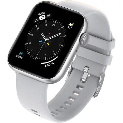 Dany Loop Pro A silver smartwatch with a white band and a digital display showing time, date, and various smart watch notifications.