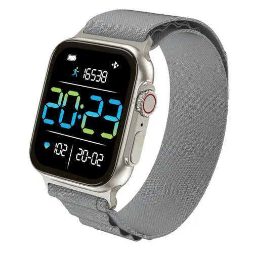 A grey Dany Mark Pro smartwatch with a grey band and black case, displaying time and date on its screen.