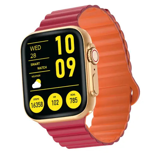 A red and orange Dany Mark Pro smartwatch with a red and orange band and black case, displaying time and date on its screen.
