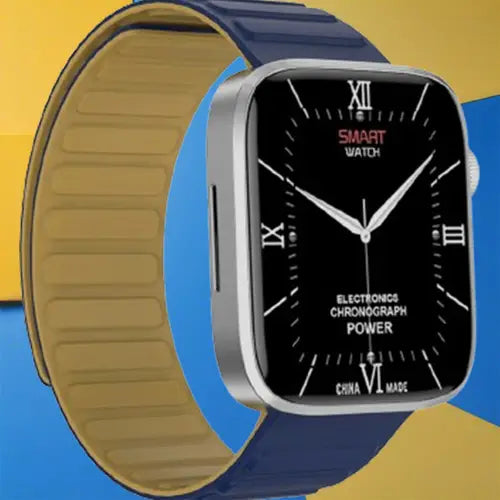 Dany Rex Fit Smartwatch with black face and colorful band on yellow and blue background