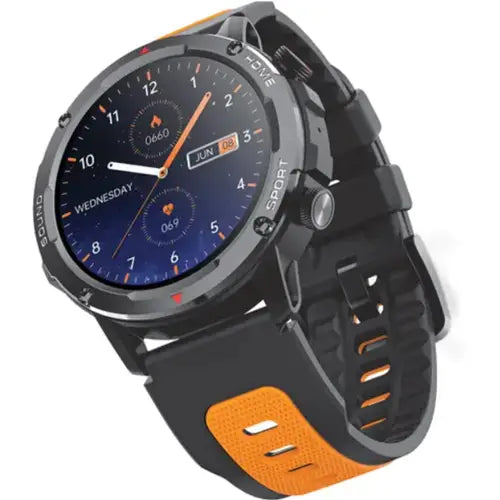 Dany Thunder Smartwatch with black and orange band on a white background