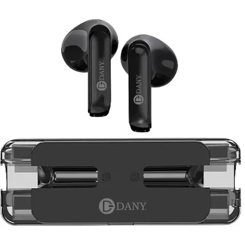 A pair of black Dany Airdots 110 Wireless Earbuds with a transparent charging case.