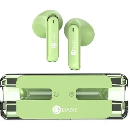 A pair of green Dany Airdots 110 Wireless Earbuds with a transparent charging case.