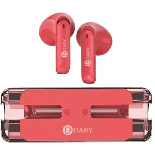 A pair of red Dany Airdots 110 Wireless Earbuds with a transparent charging case.