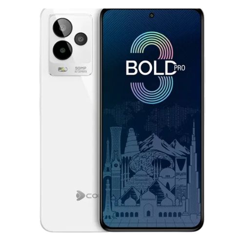 A white Dcode Bold 3 smartphone with a visible camera module on the back and branding on the front.