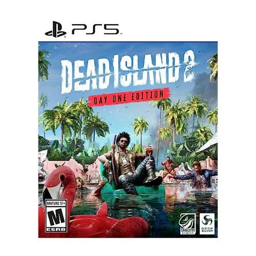 This image features the cover art for the PlayStation 5 version of "Dead Island 2: Day One Edition." The artwork displays a vibrant and action-packed scene with characters and vivid tropical settings, capturing the essence of the survival horror game.