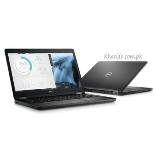 Dell Latitude E5480 laptop with a black color scheme, featuring a display screen showing a space station image, a black keyboard, and a trackpad.