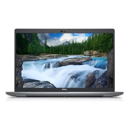 Dell Latitude E5501 displaying a scenic wallpaper of a waterfall and forest on a white background
