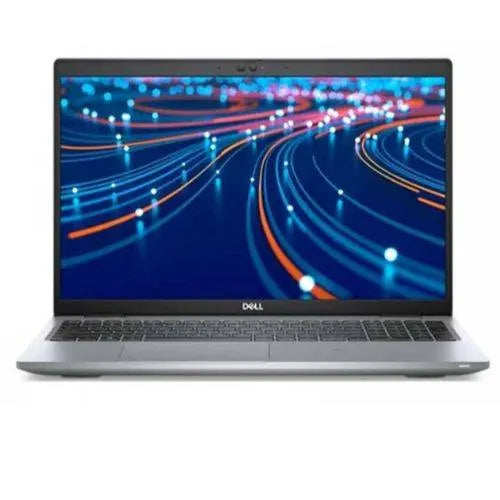 Dell laptop with a colorful abstract design on the screen against a white background