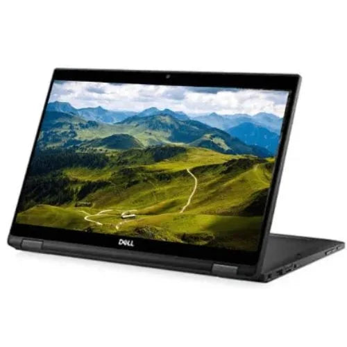 Dell Latitude E7390 displaying a mountainous landscape on its screen with a white background
